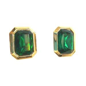 Vintage Cushion Cut Emerald Green Crystal Stud Earrings Yellow Gold Plated Clip